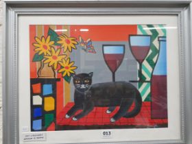 GEORGE SMYTH ACRYLIC CAT AND FLOWERS