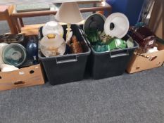 4 X BOX LOTS TO INCLUDE CHINA, OIL LAMPS, ORNAMENTS & GLASSWARE