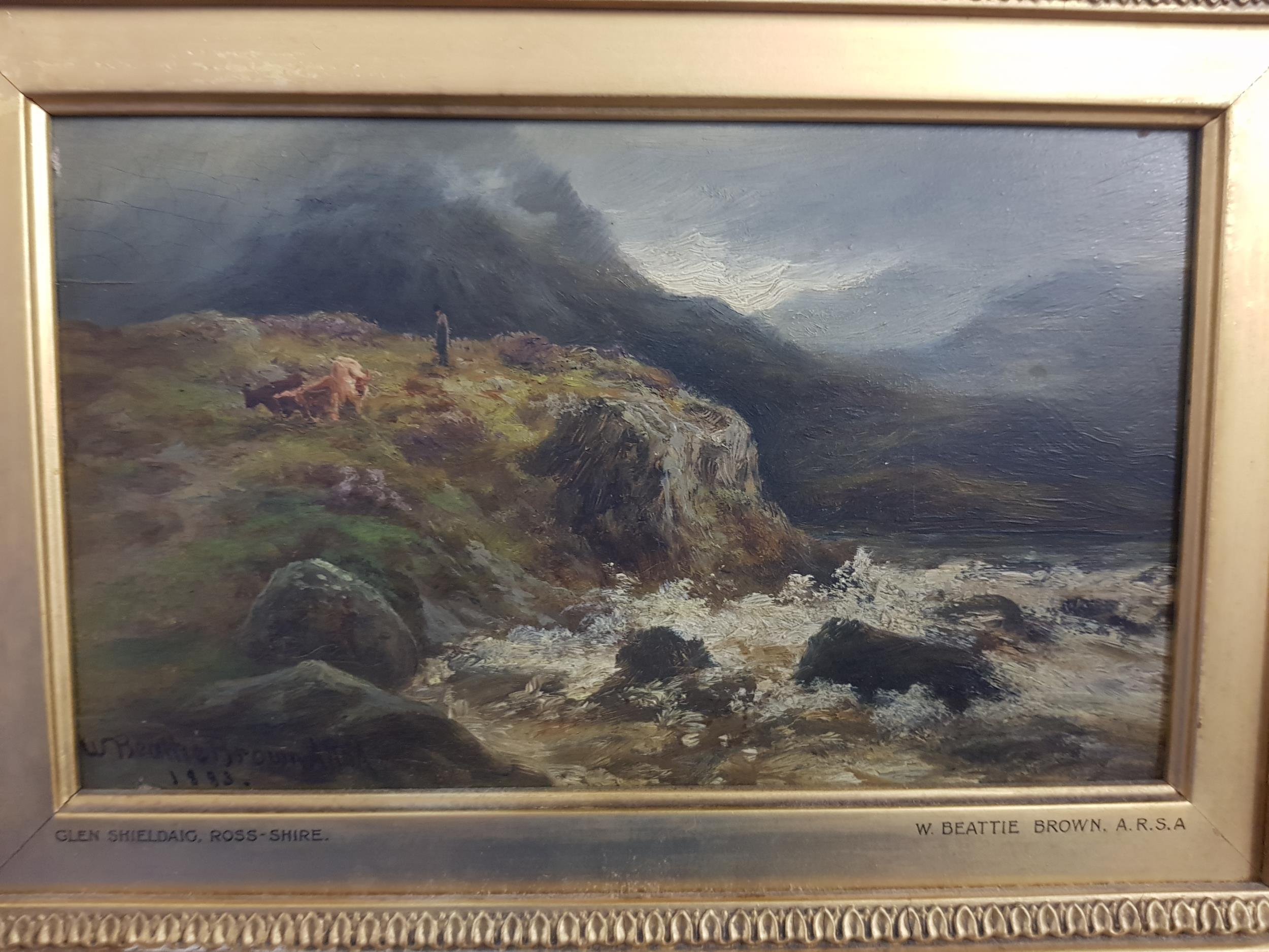 WILLIAM BEATTIE BROWN A.R.S.A. - OIL ON BOARD - GLEN SHIELDAIG ROSS SHIRE - 23CM X 14CM