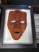 2 FRAMED PICTURES AND CARVED MASK