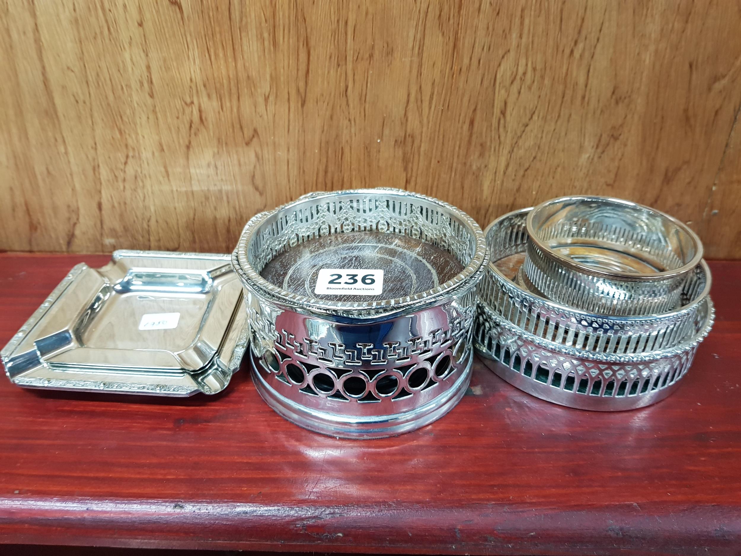 ASSORTMENT OF 5 SILVER PLATED COASTERS AND 3 ASHTRAYS