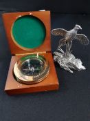 PHEASANT PAPERWEIGHT AND CASED COMPASS