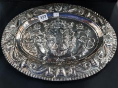 SPANISH SILVER PRESENTATION TRAY WITH ROYAL CREST OF CASTILE & LEON. 19TH CENTURY 309 GRAMS - SOME