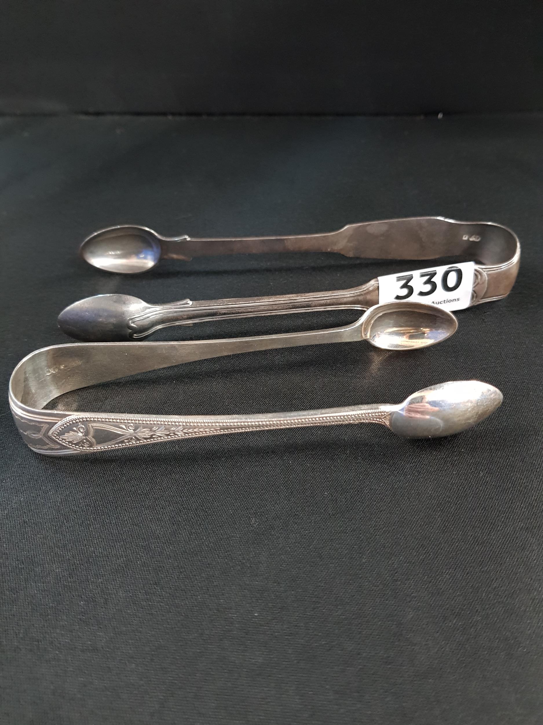 2 PAIRS OF SILVER SUGAR TONGS - LONDON 1850 AND EXETER 1882