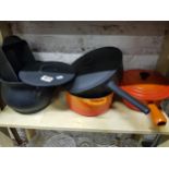 5 PIECES OF CAST IRON SAUCEPANS AND POTS TO INCLUDE ORANGE LE CREUSET