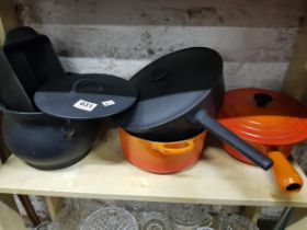 5 PIECES OF CAST IRON SAUCEPANS AND POTS TO INCLUDE ORANGE LE CREUSET