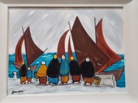 GEORGE SMYTH - OIL ON BOARD - SETTING SAIL 39CM X 29CM