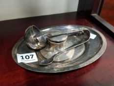 SILVER INKWELL, EP PIN TRAY, TONGS AND LADLES