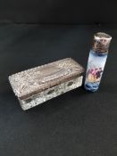 SILVER TOPPED PIN DISH & SMALL ANTIQUE CERAMIC SILVER TOPPED PERFUME FLASK