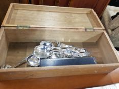 ANTIQUE WOODEN BOX WITH BRASS HANDLES WITH MIXED CUTLERY