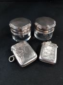 2 SILVER TOPPED GLASS DRESSING TABLE JARS AND 2 SILVER VESTA CASES