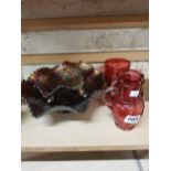 3 PIECES OF RUBY GLASS AND 2 PIECES OF CARNIVAL GLASS