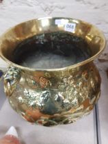 ANTIQUE BRASS COAL POT WITH LION HEAD HANDLES