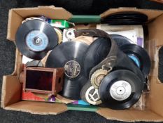 BOX LOT TO INCLUDE RECORDS, FORK, LAMP, BADGES, HORSE BRASS ETC