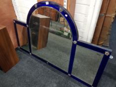 LARGE ART DECO WALL MIRROR WITH BLUE BEVELLED GLASS TRIM - 122cms x 77cms