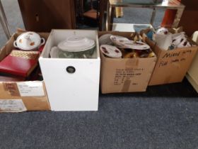 4 BOX LOTS - CHINA, ORNAMENTS, TEA SETS & BOOKS