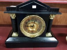VICTORIAN CAST METAL MANTLE CLOCK WITH KEY AND PENDULUM