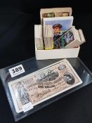 SMALL BOX OF CIGARETTE CARDS & QUANTITY OF REPLICA CONFEDERATE BANKNOTES