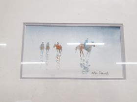 ALAN BEERS WATERCOLOUR - HORSES AND JOCKEY 20 X 11CMS