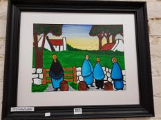 GEORGE SMYTH - OIL ON BOARD - 'COLLECTING THE SPUDS' - 38.5CM X 28.5CM
