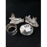 SILVER COMPACT, NAPKIN RING & TWO WHITE METAL FIGURES