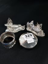 SILVER COMPACT, NAPKIN RING & TWO WHITE METAL FIGURES