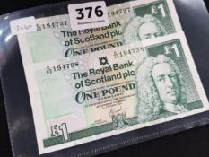 2 X ROYAL BANK OF SCOTLAND £1 BANKNOTES, 1ST OCTOBER 2001, CONSECUTIVE NUMBERS, UNCIRCULATED