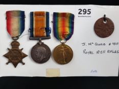 TRIO OF WORLD WAR 1 MEDALS AND DOG TAGS - 9815 PTE. J. MCQUAIDE R.IR.RIF. 2 MEDALS HAVE MCQUAIDE AND