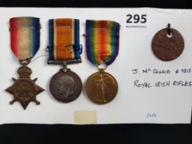 TRIO OF WORLD WAR 1 MEDALS AND DOG TAGS - 9815 PTE. J. MCQUAIDE R.IR.RIF. 2 MEDALS HAVE MCQUAIDE AND