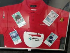 FRAMED GOLF SHIRT AND CAP WITH SIGNED PHOTOGRAPHS - THE SHIRT AND CAP ARE ACTUALLY DALLEN CLARKE'S