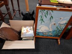 BOX LOT TO INCLUDE COLLECTION OF RUPERT ANNUALS, CARVED TRAY, ANIMALS AND FIRESCREEN
