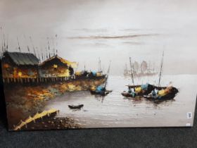 FACTORY OIL ON BOARD - HARBOUR SCENE 88CM X 60CM