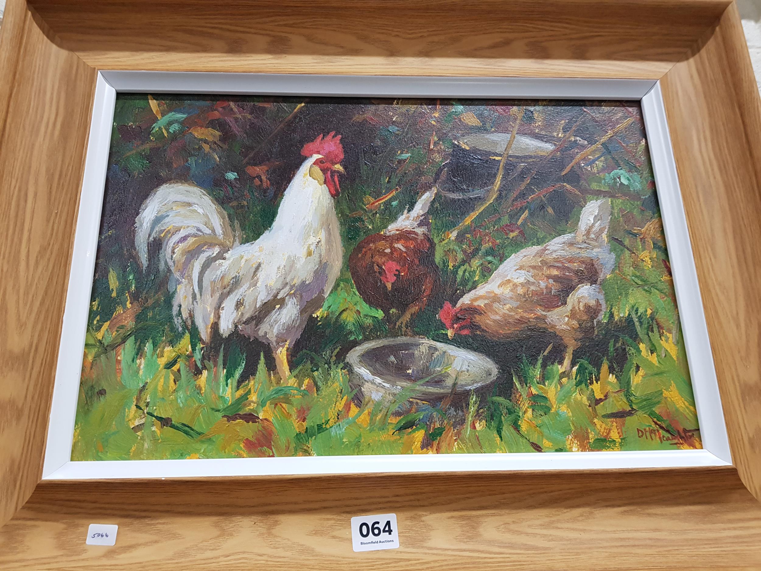 D.MCNAUGHTON - OIL ON BOARD - CHICKENS FEEDING 46CM X 31CM