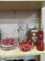 SHELF LOT OF RUBY GLASS, TOBACCO JAR & GLASSWARE
