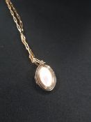 9 CARAT GOLD MOTHER OF PEARL LOCKET ON YELLOW METAL CHAIN