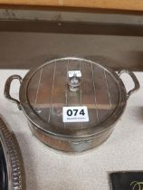 ANTIQUE OAK & CERAMIC, SILVER PLATE BUTTER POT