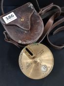 ANTIQUE BRASS RECORDING CLOCK WITH ORIGINAL LEATHER POUCH