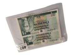 2 X ROYAL BANK OF SCOTLAND £1 BANK NOTES 1ST OCTOBER 2001- UNC CONSECUTIVE NUMBERS