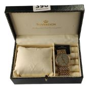 9 CARAT GOLD SOVEREIGN WATCH WITH 9 CARAT GOLD STRAP, BOX AND PAPERS