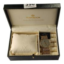 9 CARAT GOLD SOVEREIGN WATCH WITH 9 CARAT GOLD STRAP, BOX AND PAPERS