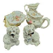 4 PIECE VINTAGE TEA POT, COMPORT, JUG & T. POT STAND WITH 2 STAFFORDSHIRE DOGS