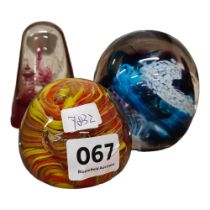 3 COLOURED GLASS PAPERWEIGHTS