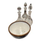 WILLOWPATTERN BOWL & 3 DECANTERS