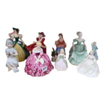 9 VARIOUS FIGURES TO INCLUDE ROYAL DOULTON, COALPORT, GOEBEL ETC