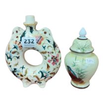 HAND PAINTED LIDDED URN AND UNUSUAL CERAMIC FLASK
