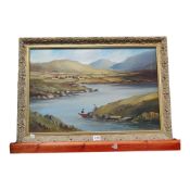 J J O'NEILL OIL ON CANVAS LAKE AND MOUNTAIN SCENE 59 X 39CMS