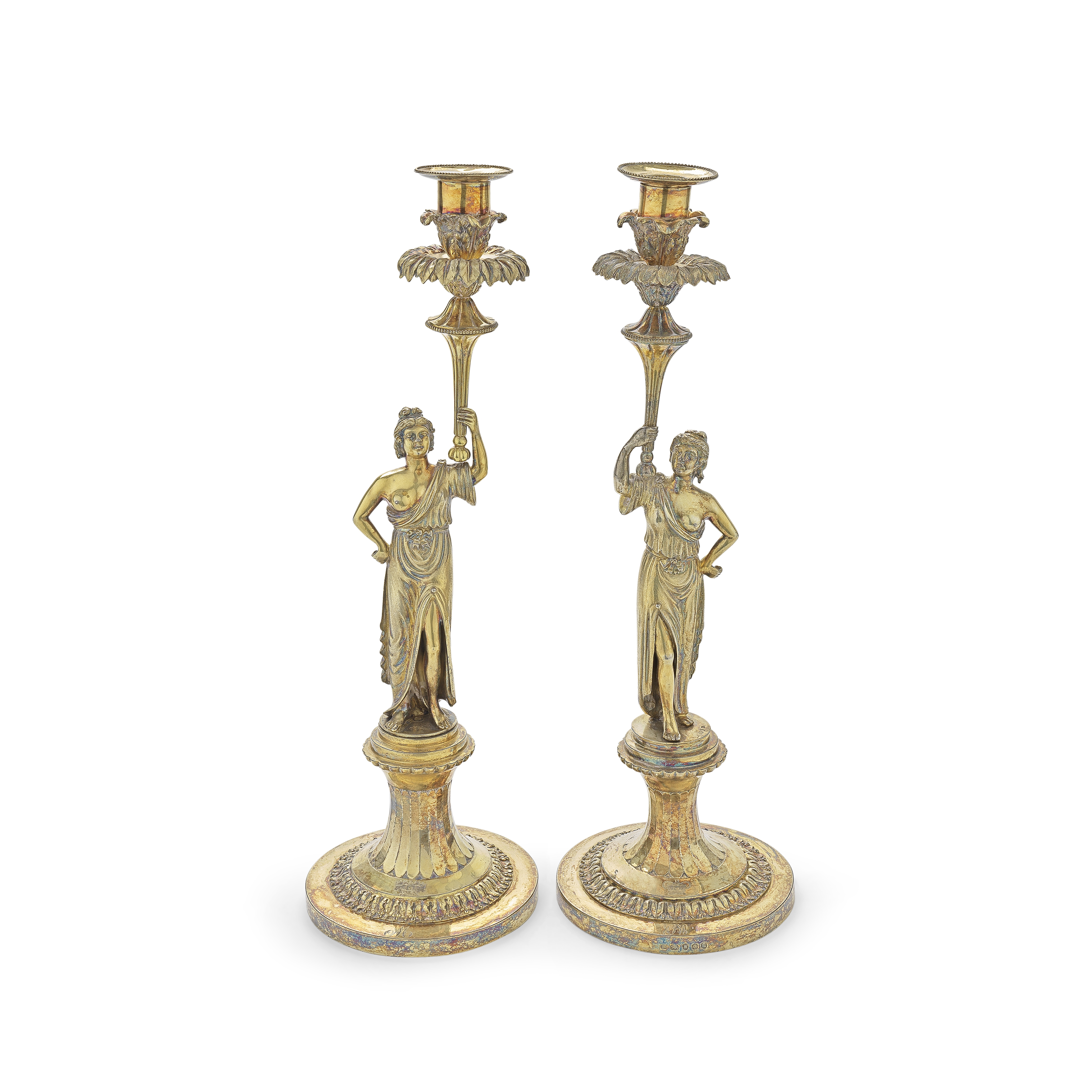 A MATCHED PAIR OF GEORGE III CARYATID SILVER-GILT CANDLESTICKS, The first by William Pitts & Jos...