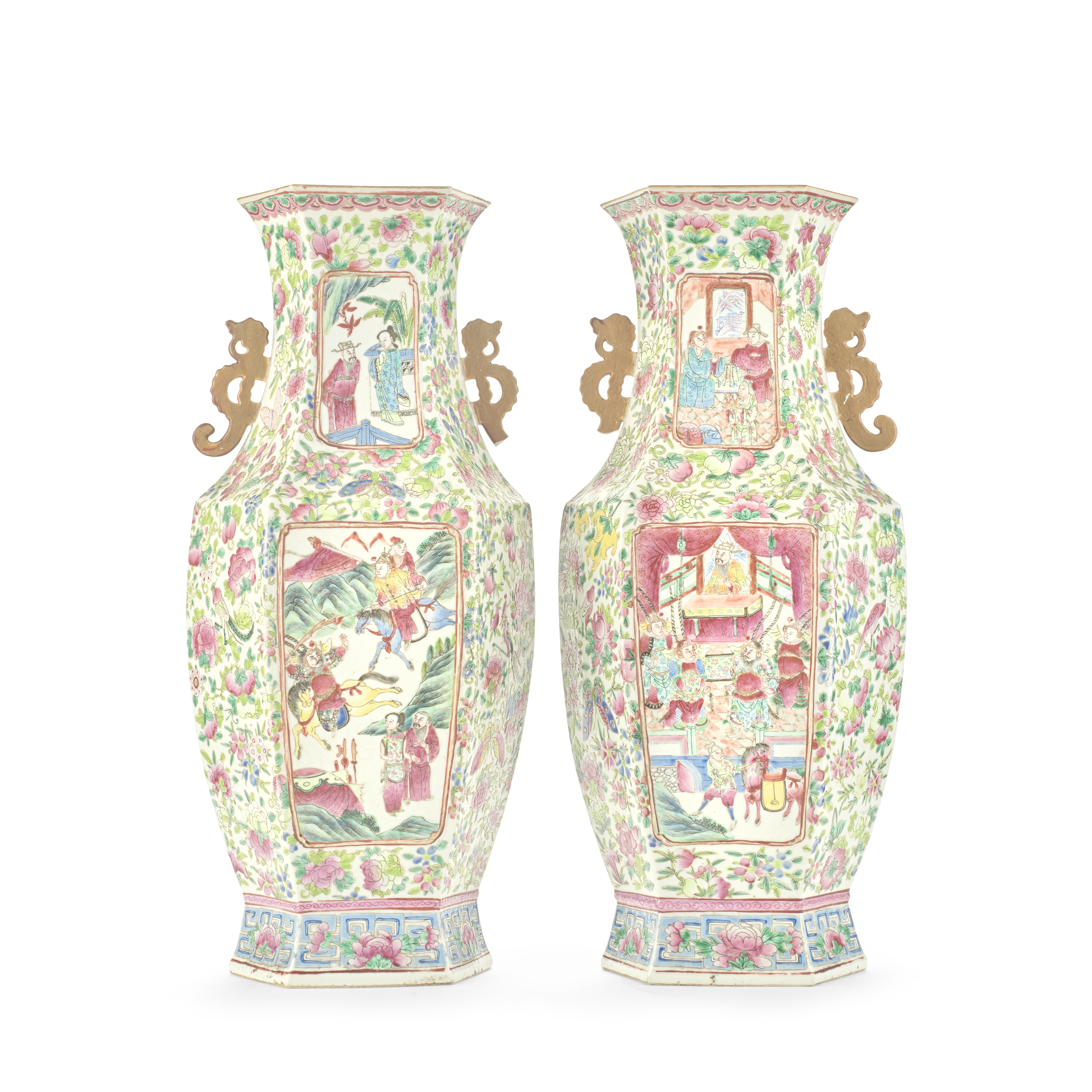 A PAIR OF CHINESE FAMILLE ROSE HEXAGONAL VASES (2)