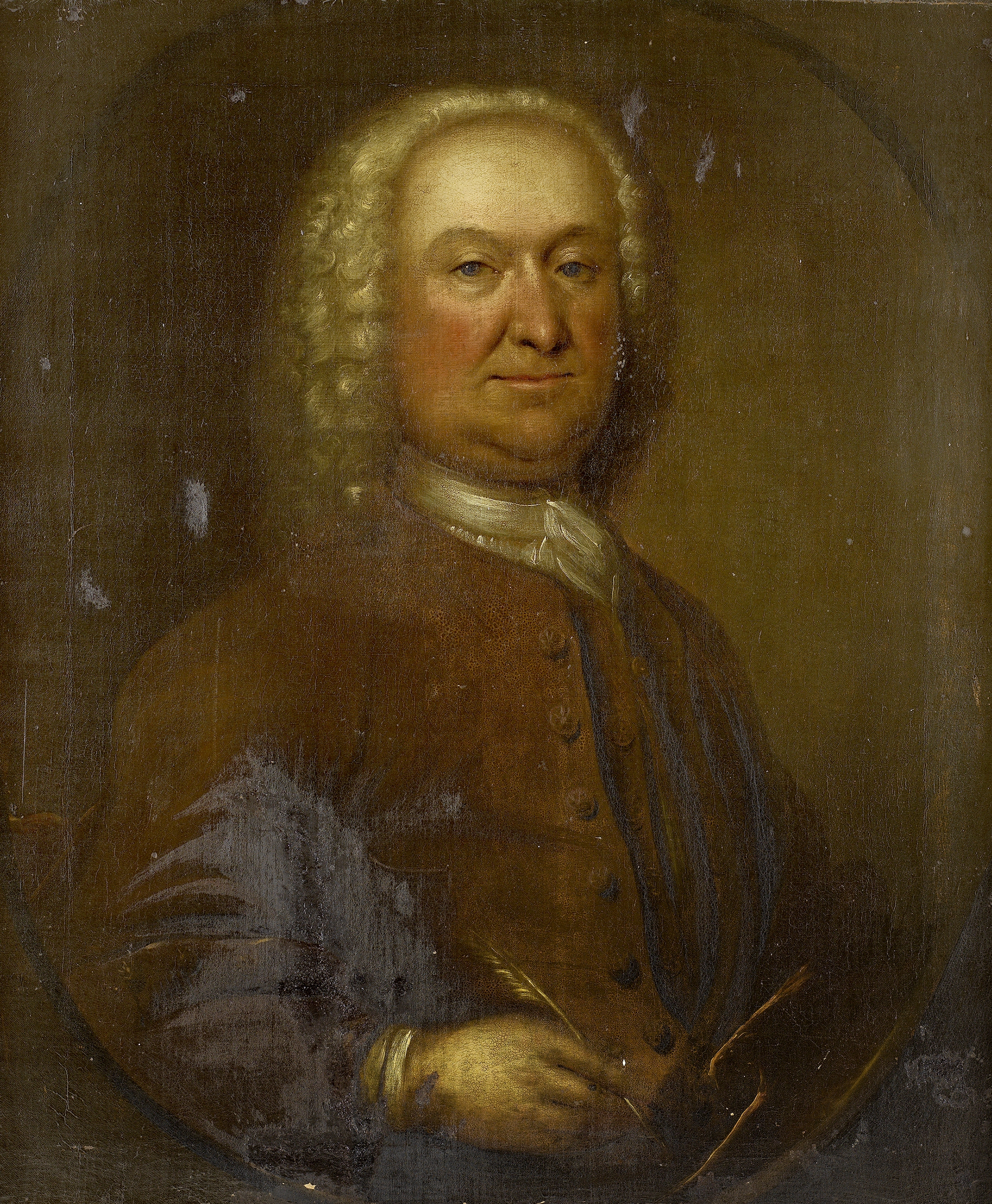 English School, 18th Century Portrait of a gentleman, half length, in a brown coat, within a pai...