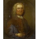 English School, 18th Century Portrait of a gentleman, half length, in a brown coat, within a pai...